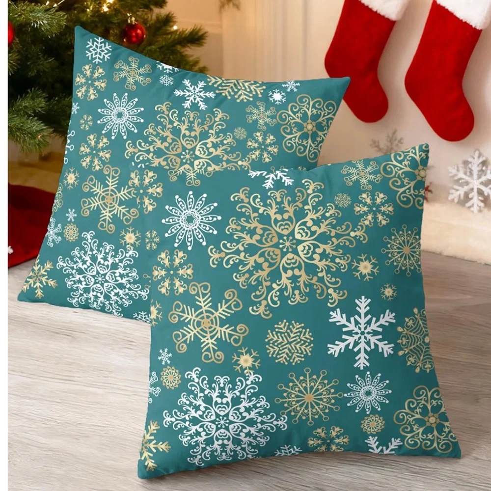 Holiday Snowflake Throw Pillow Case Set - Teal and Gold 18” x 18” NWOT